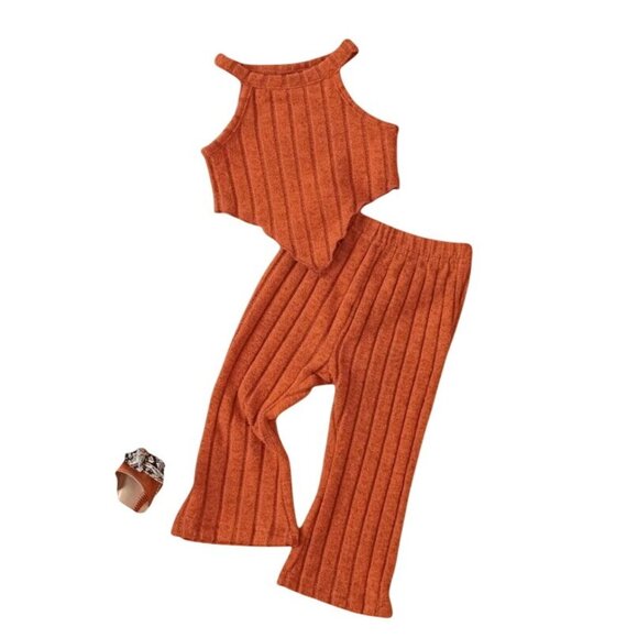 SHEIN Girls' Casual Thick-Knitted Ribbed Top, Flared Pants Set IN Orange - Size - Picture 1 of 6